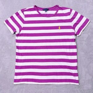 Ralph Lauren Youth XL Purple White Striped T-Shirt Polo Pony Logo Preppy‎ Tee